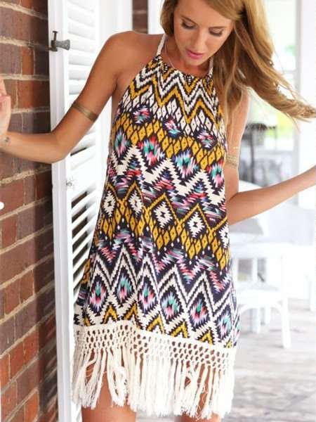 Sexy Backless Print Halt Purl Shift Dresses