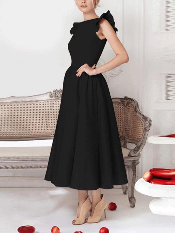 Elegant High End Plain Flouncing Sleeve Skater Dress