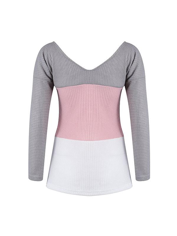 V Neck Multicolor Woman Daily Slim Sweater