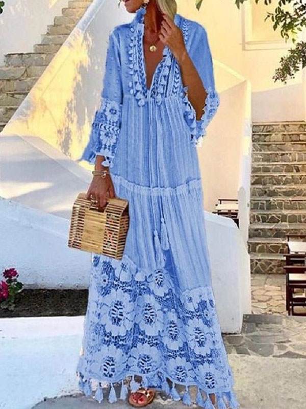 Women Bohemian Deep V Lace Fringe Maxi Dresses