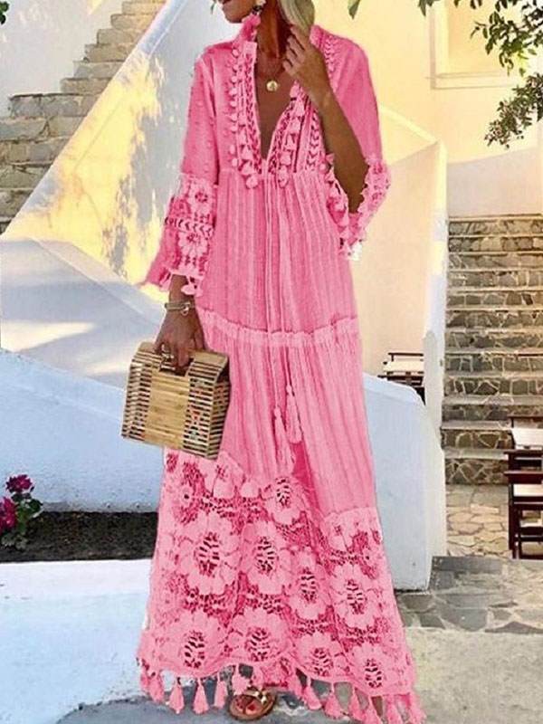 Women Bohemian Deep V Lace Fringe Maxi Dresses