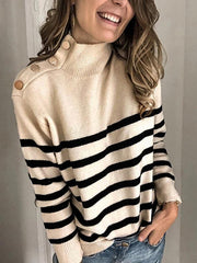 Chic high neck women long sleeve stripe sweaters