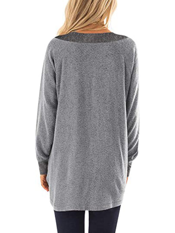 V-Neck Contrast Sweatshirt Long Sleeve Pullover Casual T-Shirts