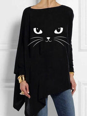 Black Casual Cat Printed Asymmetric Long Sleeve Shift Shirts & Tops