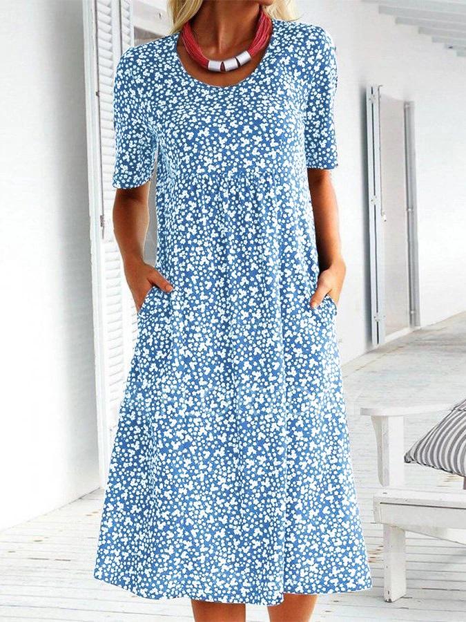 Casual Pockets Round Neck Floral Dresses