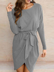 Round Neck  Asymmetric Hem  Belt  Plain Casual Dresses