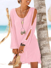 Round Neck Casual Off Shoulder Long Sleeve Vacation Dresses