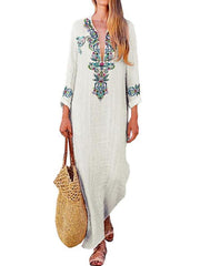 Cotton and linen women  long-sleeved folk style printed maxi dresses