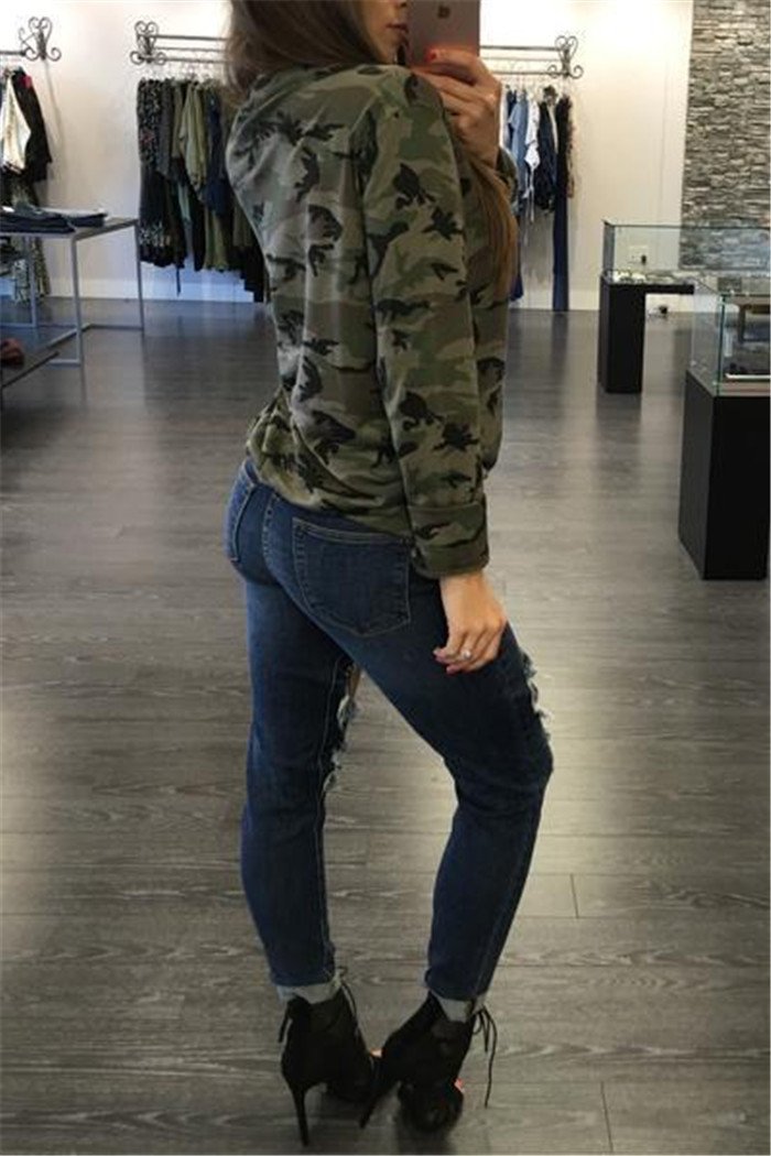 Fashion  Camouflage V neck Long sleeve T-Shirts