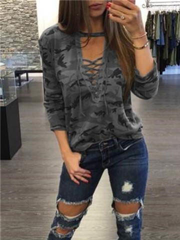 Fashion  Camouflage V neck Long sleeve T-Shirts