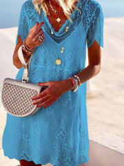 Elegant V Neck Embossed Short Sleeve Pure Colour Shift Dress