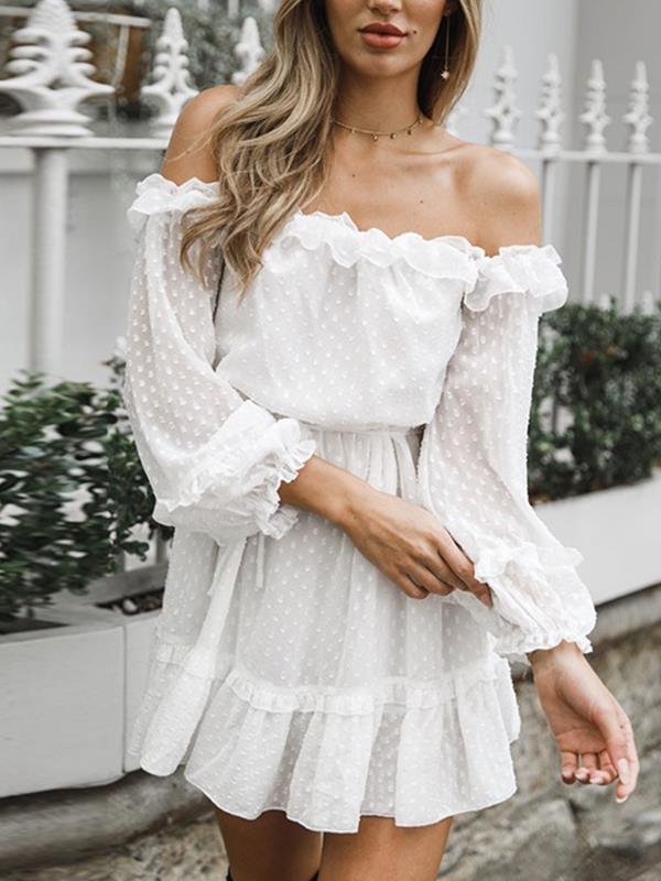 Chiffon white off shoulder long sleeve lotus leaf fungus edge mini skater dresses