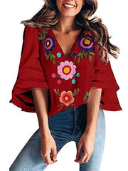 Women Fashion V Neck Half Sleeve Floral Chiffon Blouses