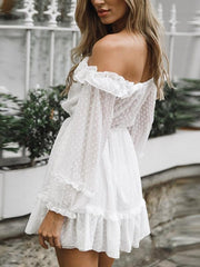 Chiffon white off shoulder long sleeve lotus leaf fungus edge mini skater dresses