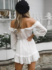 Chiffon white off shoulder long sleeve lotus leaf fungus edge mini skater dresses