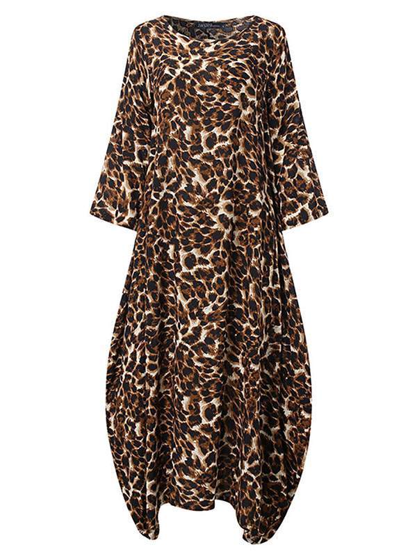 Vintage leopard printed round neck women maxi dresses