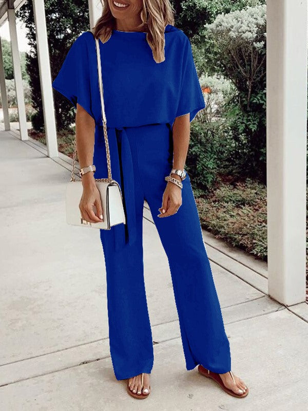 Solid women round neck long jumpsuits for summer