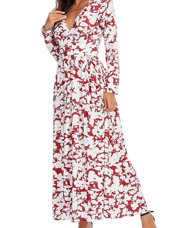 V neck long sleeve slim maxi dresses