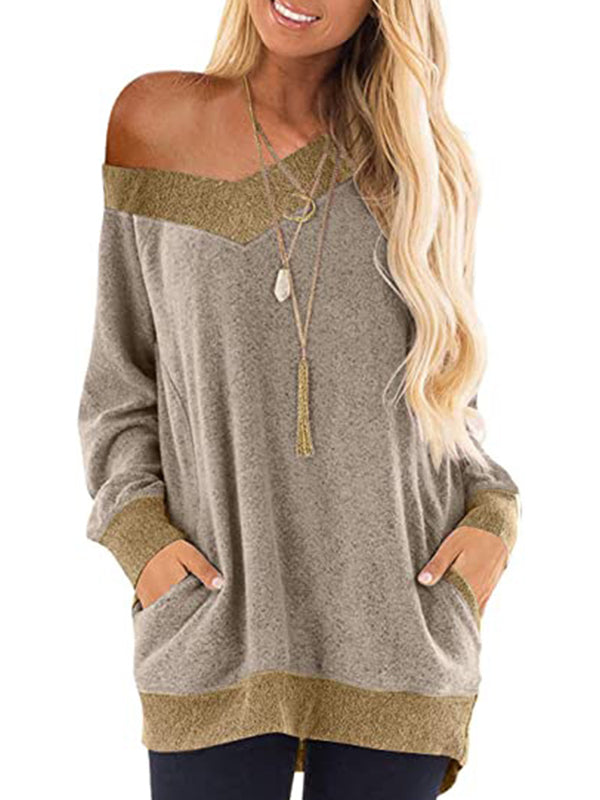 V-Neck Contrast Sweatshirt Long Sleeve Pullover Casual T-Shirts