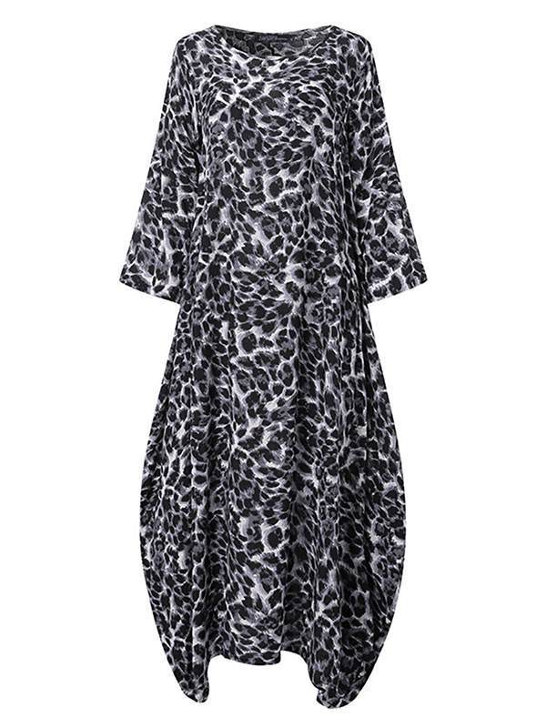 Vintage leopard printed round neck women maxi dresses