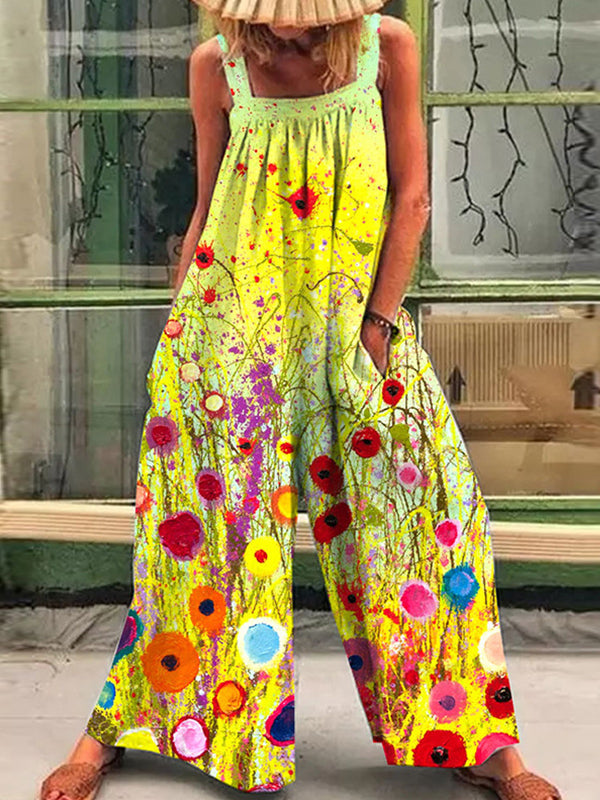 Fashion printed loose strap wide-leg jumpsuits