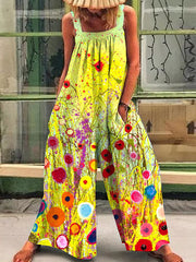 Fashion printed loose strap wide-leg jumpsuits
