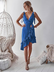 Chiffon sexy  v neck women flounce halter Irregular hem strap skater dresses