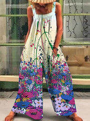 Fashion printed loose strap wide-leg jumpsuits