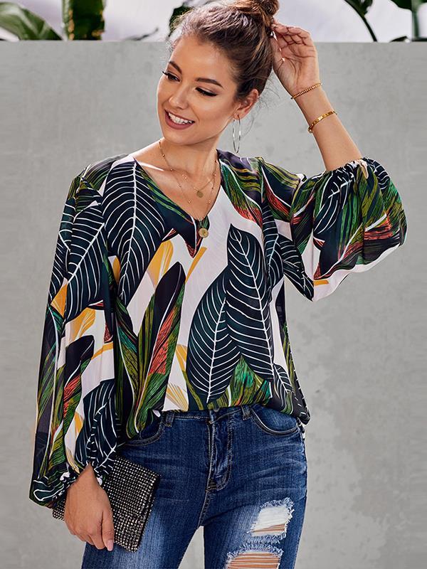 Chic printed women v neck long sleeve blouses