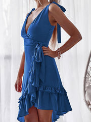 Chiffon sexy  v neck women flounce halter Irregular hem strap skater dresses