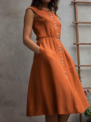 Plain button sleeveless skater dresses