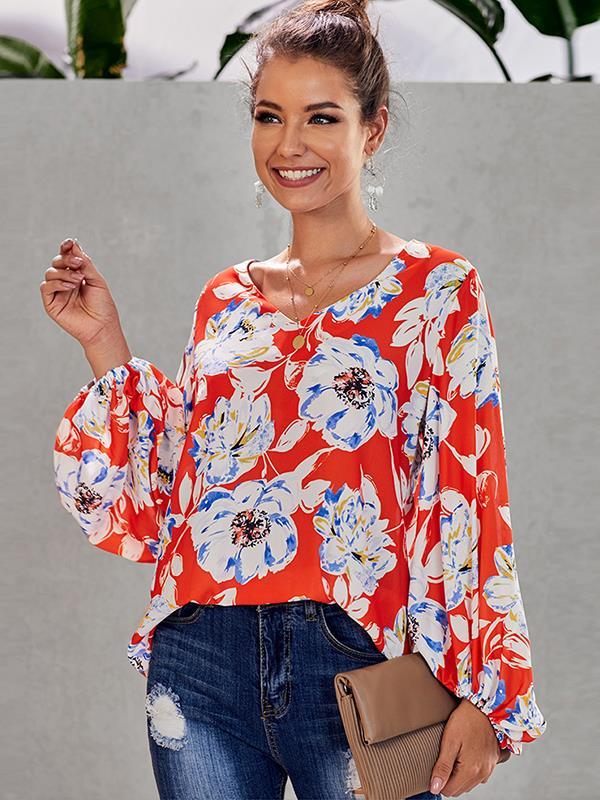 Chic printed women v neck long sleeve blouses