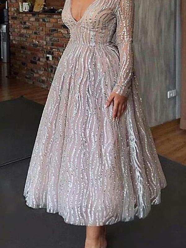 Sexy long sleeve deep V skater long Evening Dresses