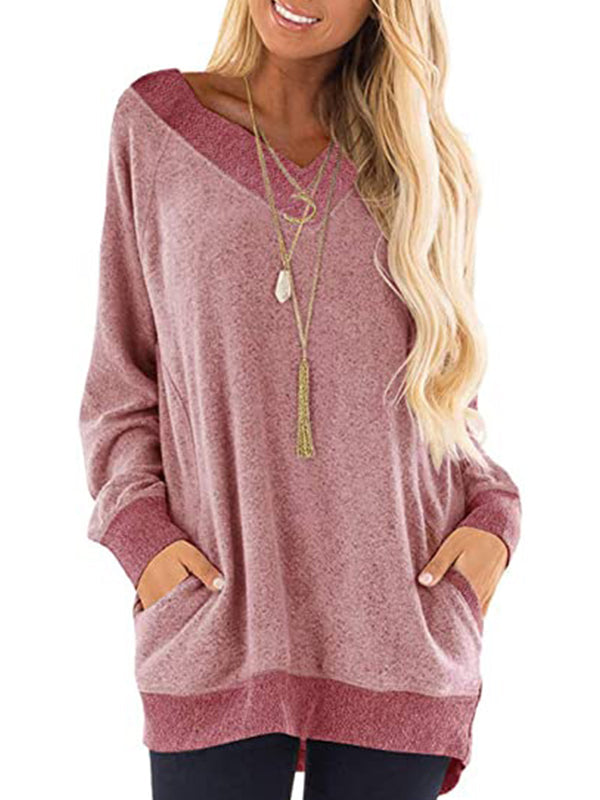 V-Neck Contrast Sweatshirt Long Sleeve Pullover Casual T-Shirts