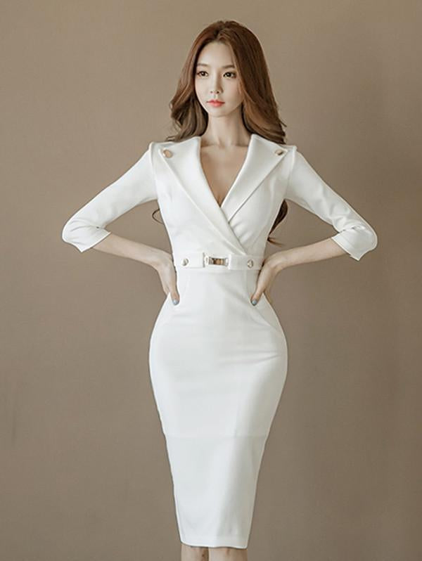 Sexy White Lapel Neck Long Sleeve Belted Slim Fit Tea Length Dress