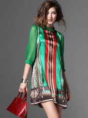 Printing Stand Collar Seven-Tenths Sleeves Midi A-Line Dresses