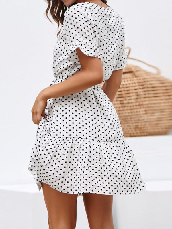 Fashion elegant V collar spotty chiffon skater dress