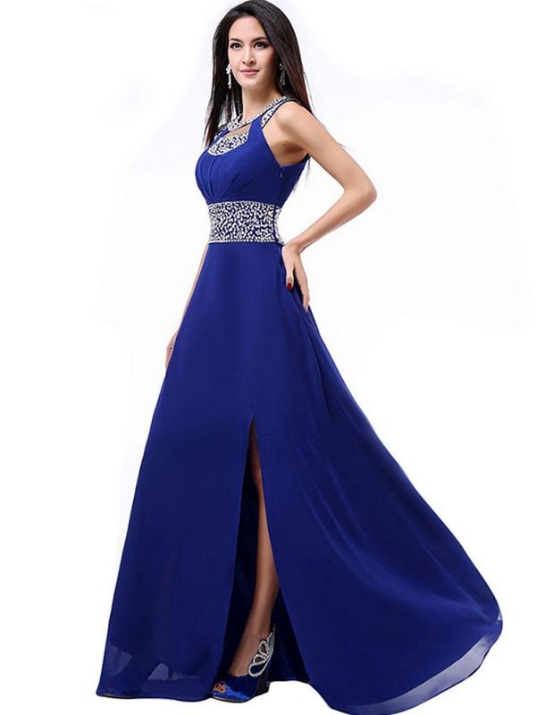 Designer Sequined Contrast O-Neck Backless Long Prom Dresses