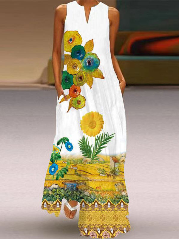 V neck sleeveless fashion printed maxi dresses