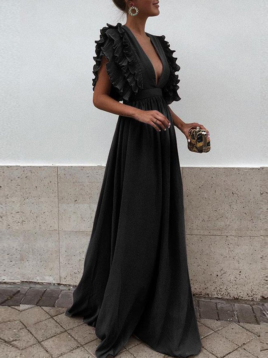 Chiffon Plunge Frill Trim Open Back Chic Women Evening Dress