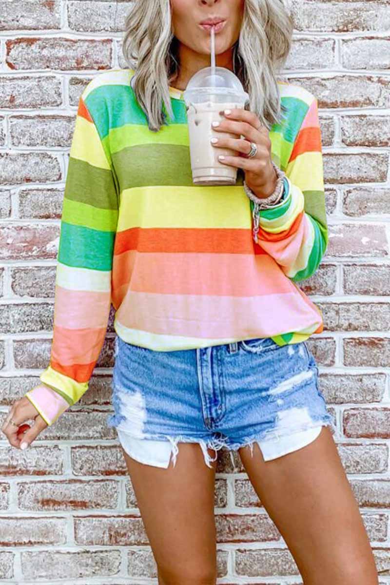 Rainbow Striped Multicolor Thin Tops Sweatshirts