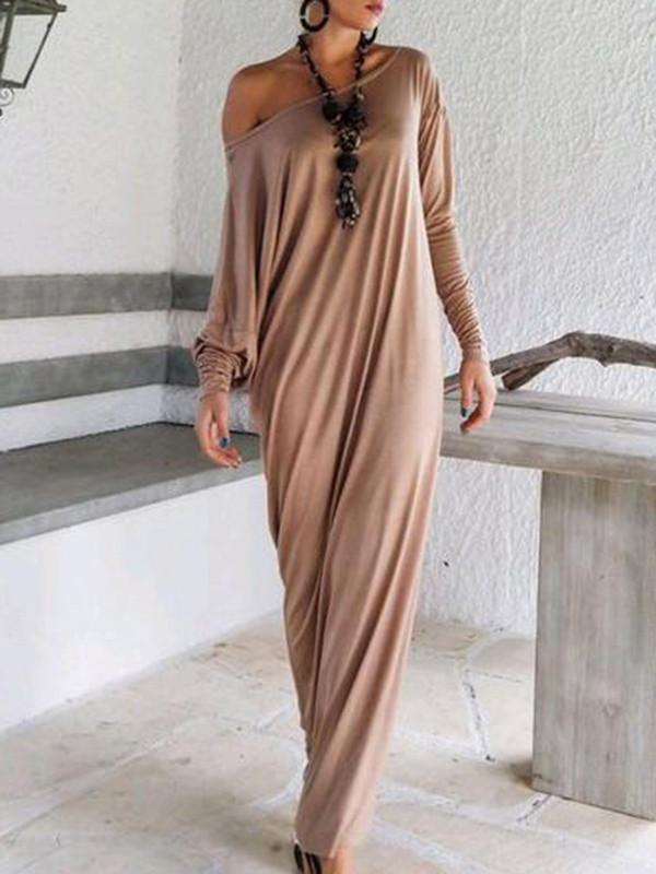 Elegant Solid Color Long Sleeve Round Neck Loose Maxi Dress