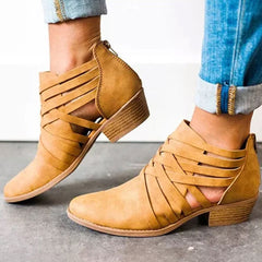 Plus Size Criss-Cross Ankle Heel Booties Hollow-out  Woman PU Boots