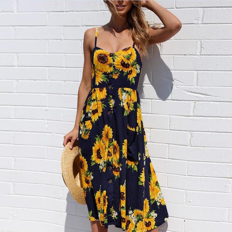 Strap V neck Women More Colors Print Backless Skater High Waist Shift Dress