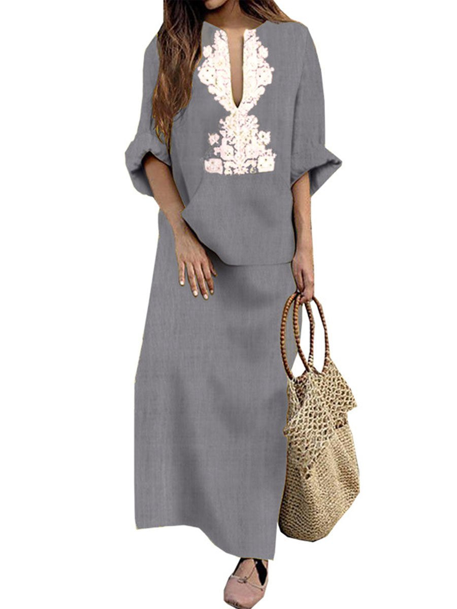 Woman Cotton Linen Long Sleeve Solid Loose V Neck Boho Long Dress Casual Dress Maxi Dress