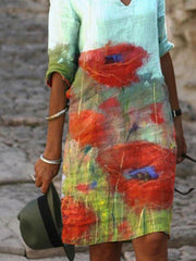 Casual floral print short sleeve V-neck cotton and linen dress mini dresses for women