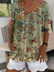 Casual Cotton-blend V Neck Printed Short Sleeve Tops