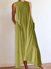 Crew Neck Solid Sleeveless Cotton-Blend Dresses