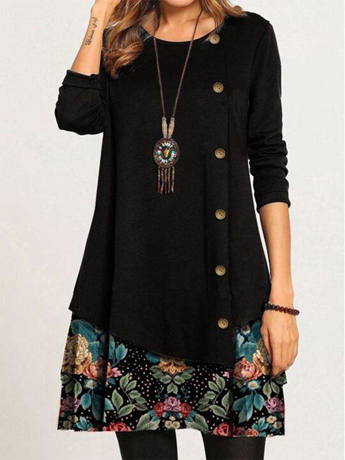 Casual Loose Round Neck Floral Long Sleeve Dress