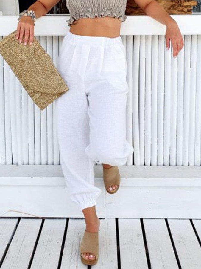 White Solid Casual Linen Pants